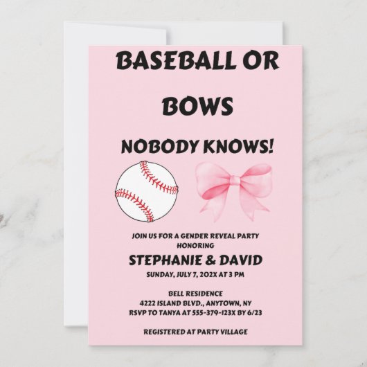 Baseball oder rosa Schleifen - Geschlechtsenthüllu Einladung (Vorderseite)