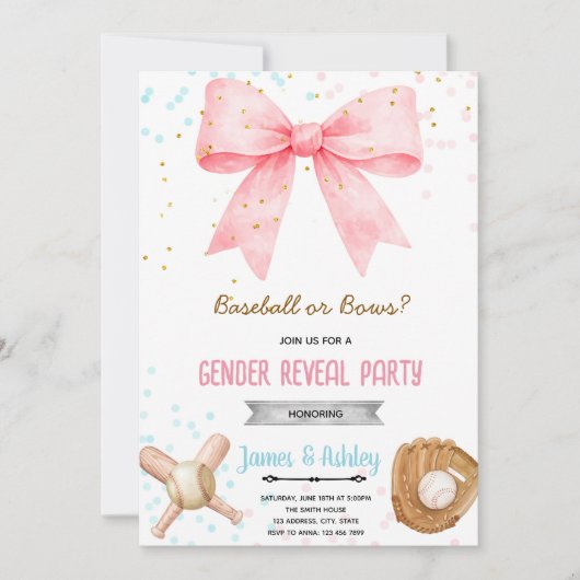 Baseball or Bows Gender Reveal invitation Einladung (Vorderseite)