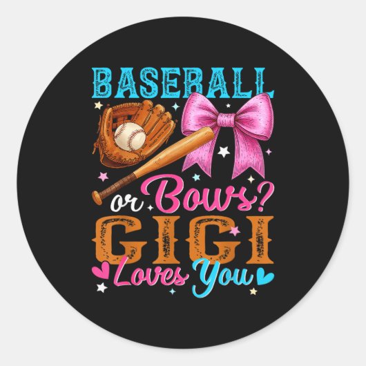 Baseball Or Bows Gigi Loves You Gender Reveal Baby Runder Aufkleber (Vorderseite)