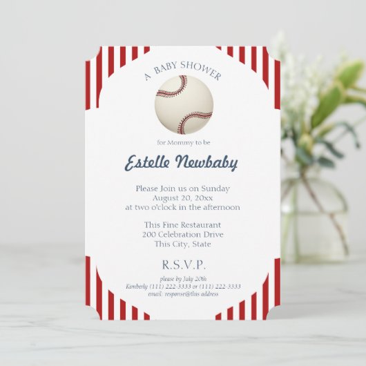 Baseball Park Stripes Babydusche Einladung (Stehend Vorderseite)