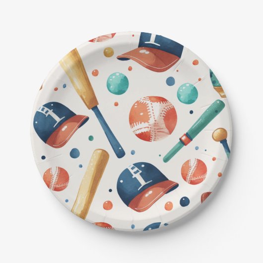 Baseball Pattern Blue Red Bat Hat Ball Geburtstag Pappteller (Vorderseite)
