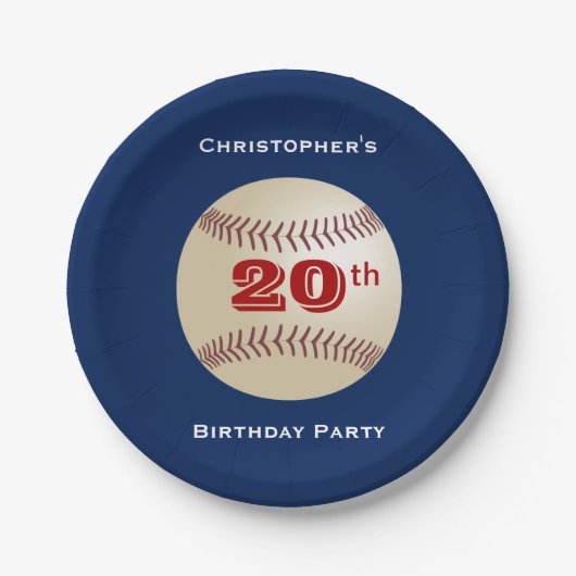 Baseball Personalize Name 20. Geburtstagspartei Bl Pappteller (Vorderseite)