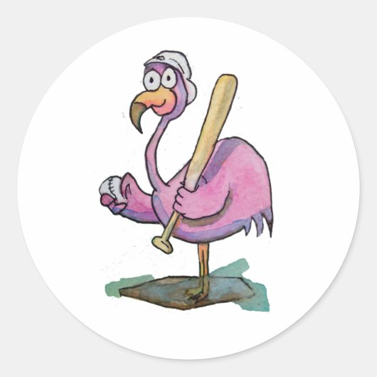 Baseball Pink Flamingo Whimsical Watercolor Runder Aufkleber (Vorderseite)