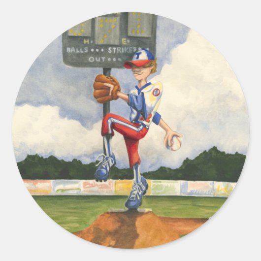 Baseball Pitcher auf dem Berg von Jay Throckmorton Runder Aufkleber (Vorderseite)