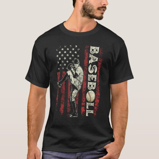 Baseball Pitcher US Flag  Dad Men Patriotic 4th Of T-Shirt (Vorderseite)
