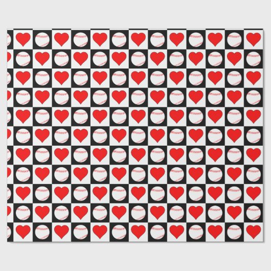 Baseball Player Red Heart Schachbrett Pattern Geschenkpapier (Flach)
