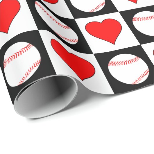 Baseball Player Red Heart Schachbrett Pattern Geschenkpapier (Rolleneckpunkt)