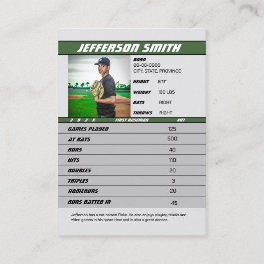 Baseball Player Trading Card Custom Green Gray Telefonnummerkarte (Rückseite)
