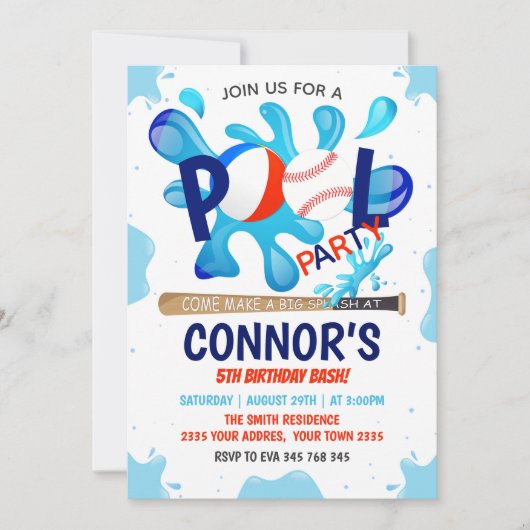 Baseball Pool Party Splish Splash Pool Birthday Einladung (Vorderseite)