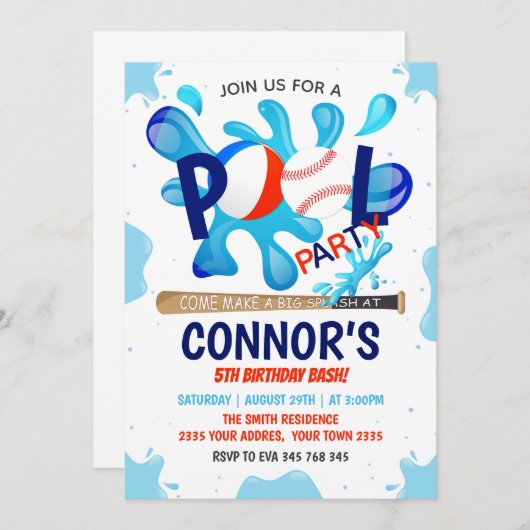 Baseball Pool Party Splish Splash Pool Birthday Einladung (Vorne/Hinten)
