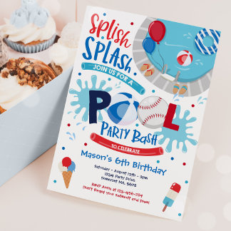 Baseball Pool Party Splish Splash Pool Geburtstag Einladung