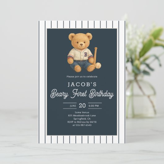 Baseball Preppy Bear 1. Geburtstag Einladung (Stehend Vorderseite)