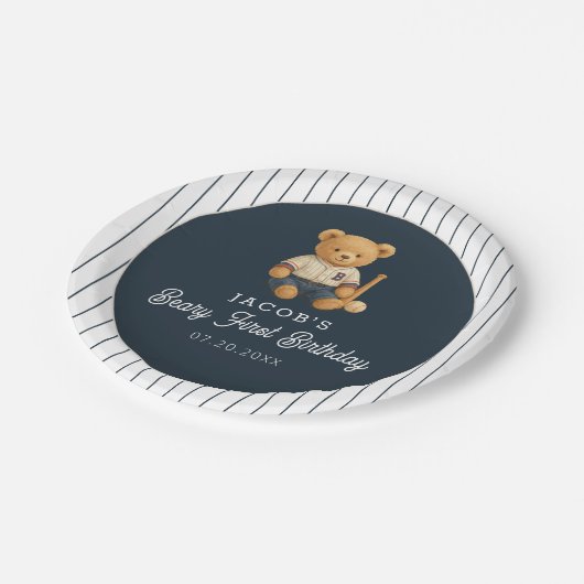 Baseball Preppy Bear 1. Geburtstag Pappteller (Schrägansicht)