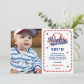 Baseball Rookie 1st Birthday Party Photo Dankeskarte (Stehend Vorderseite)