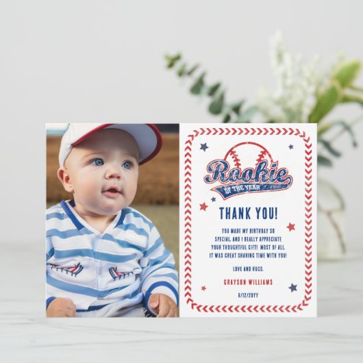 Baseball Rookie 1st Birthday Party Photo Dankeskarte (Stehend Vorderseite)