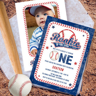 Baseball Rookie Back Foto 1. Geburtstag Party Einladung