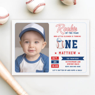 Baseball Rookie Cap Stripes Foto Junge 1. Geburtst Einladung