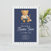 Baseball Rookie Teddy Bear 1st Birthday Einladung (Stehend Vorderseite)