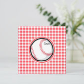 Baseball; Rot und Weiß Gingham Einladung (Stehend Vorderseite)
