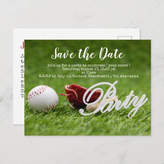 Baseball Save the Date mit Ball, Fledermaus und Ha Postkarte (Vorne/Hinten)
