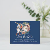 Baseball Save the Date mit Blumenball auf blau Postkarte (Stehend Vorderseite)