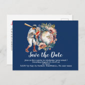 Baseball Save the Date mit Blumenball auf blau Postkarte (Vorne/Hinten)