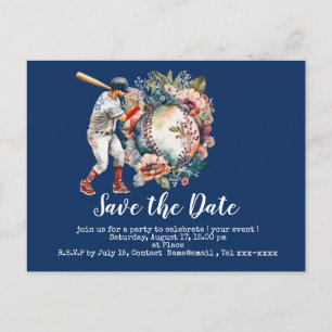 Baseball Save the Date mit Blumenball auf blau Postkarte