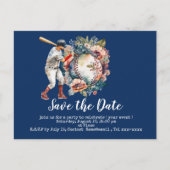 Baseball Save the Date mit Blumenball auf blau Postkarte (Vorderseite)