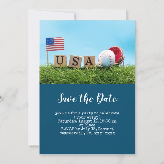 Baseball Save the Date mit der amerikanischen Flag Einladung (Vorderseite)
