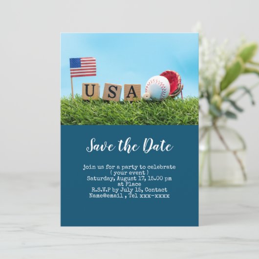Baseball Save the Date mit der amerikanischen Flag Einladung (Stehend Vorderseite)