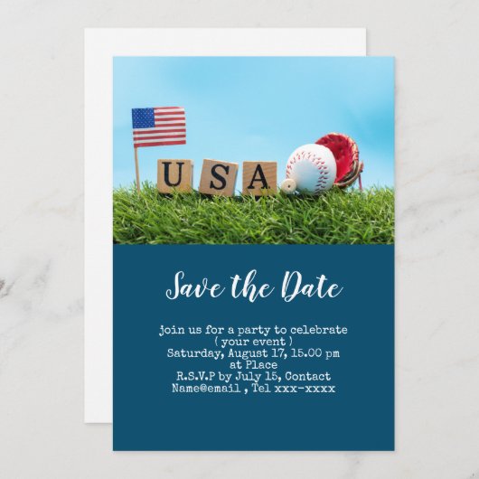 Baseball Save the Date mit der amerikanischen Flag Einladung (Vorne/Hinten)