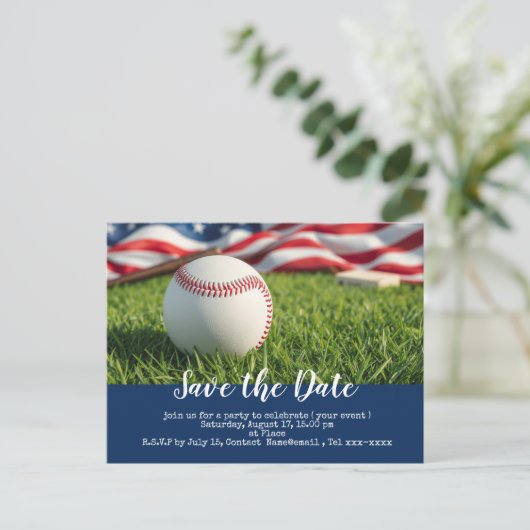 Baseball Save the Date mit der amerikanischen Flag Postkarte (Stehend Vorderseite)