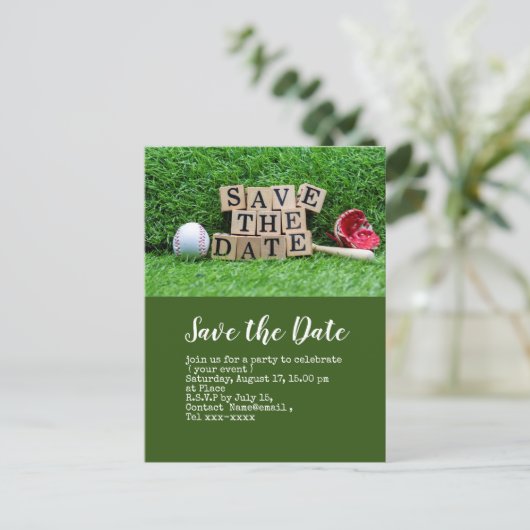 Baseball Save the Date mit grünem Ball Postkarte (Stehend Vorderseite)