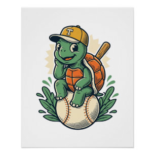 Baseball-Schildkröte Vintage-Gravur Grafikdesign_1 Poster