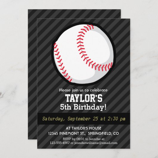 Baseball; schwarze und dunkelgraue Streifen Einladung (Vorne/Hinten)