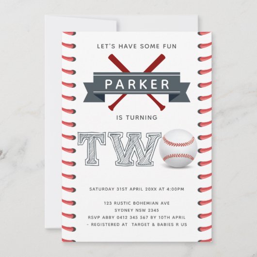 Baseball Second Birthday Boy Einladung (Vorderseite)