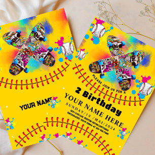 Baseball Skateboard Graffiti bunte Party gelb Einladung