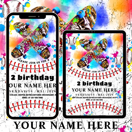 Baseball Skateboard Graffiti buntes Party Einladung