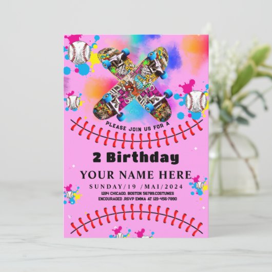 Baseball Skateboard Graffiti buntes Party pink Einladung (Stehend Vorderseite)