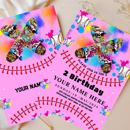 Baseball Skateboard Graffiti buntes Party pink Einladung