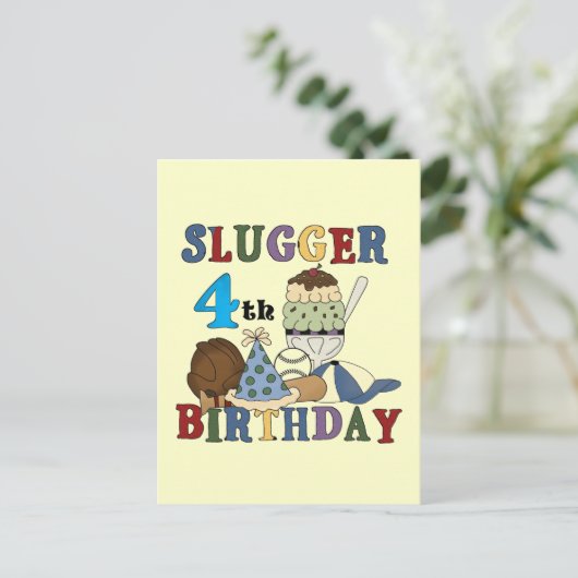 Baseball Slugger 4. Geburtstag Postkarte (Stehend Vorderseite)