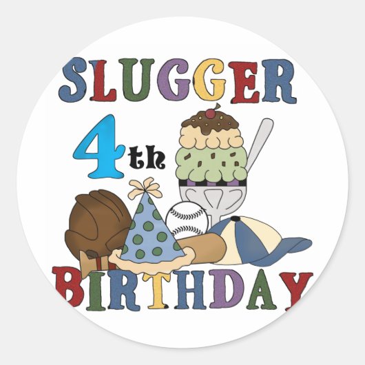 Baseball Slugger 4. Geburtstag Runder Aufkleber (Vorderseite)