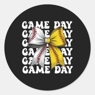 Baseball Softball Coquette Bow Game Day Frauen Mam Runder Aufkleber