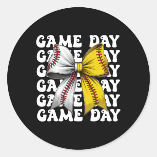 Baseball Softball Coquette Bow Game Day Frauen Mam Runder Aufkleber