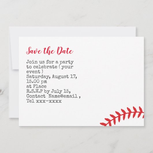 Baseball-Sparen-Sie-das-Datum-Party Einladung (Rückseite)