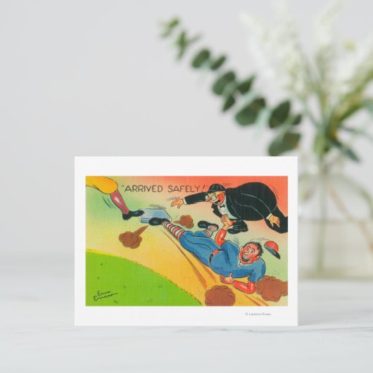 Baseball-Spieler, der auf Basis gleitet und ankomm Postkarte (Stehend Vorderseite)