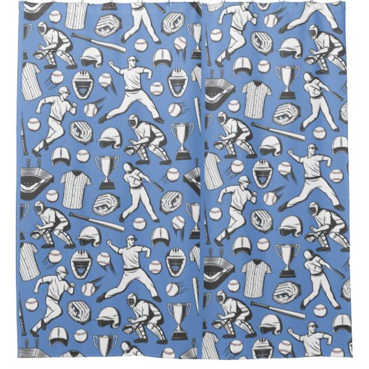 Baseball-Spieler, der Ball auf blauem Hintergrund Duschvorhang (Vorderseite)