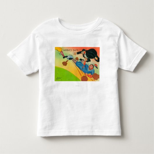Baseball-Spieler, der zur Basis, kommend schiebt Kleinkind T-shirt (Vorderseite)