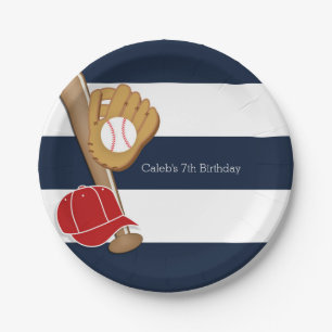 Baseball-Sport Blau & Weiß Gestreifte Benutzerdefi Pappteller