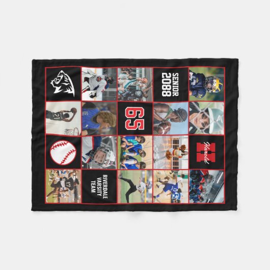 Baseball Team Senior Night Custom Photo Black Red Fleecedecke (Vorderseite (Horizontal))